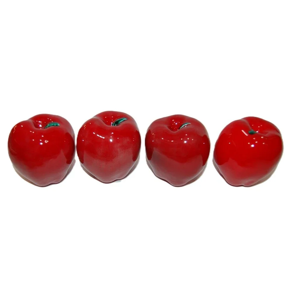 4 RED CERAMIC APPLES FAUX FRUIT FAKE ARTIFICIAL SHINY TABLE STAGING DECOR 3.5